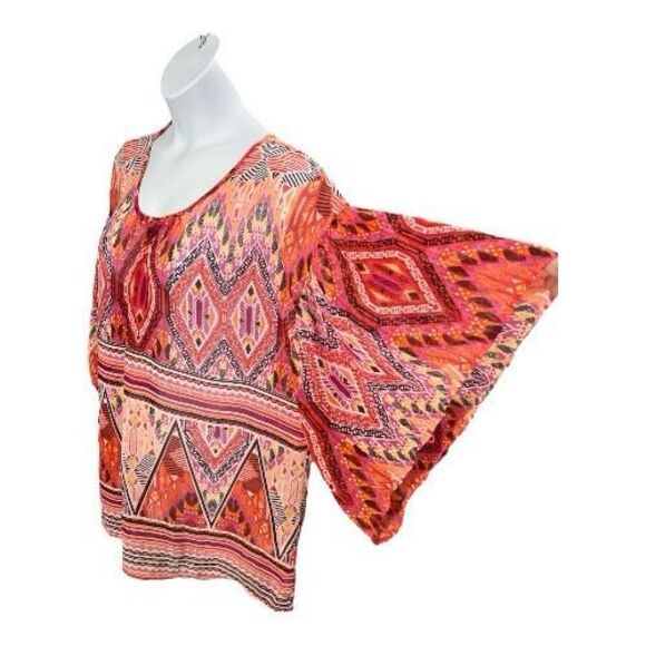Kim Rogers Women Sheer Peasant Top Blouse Plus Size 2X Orange Multicolor Print - Picture 4 of 11